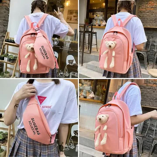 Green Cute Little Bear Girls’ Backpack Set - Korean Style