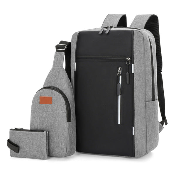 Grey 3 Piece Mens Backpack Set with Sling Bag and Pouch USB