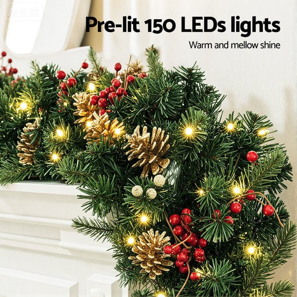 Jingle Jollys 1.8M Christmas Garland Pre-lit LED Pine Cones