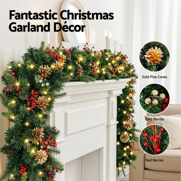 Jingle Jollys 1.8M Christmas Garland Pre-lit LED Pine Cones