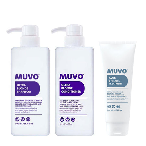 MUVO Ultra Blonde Shampoo, Conditioner & Rapid Rinse-Out Treatment Trio