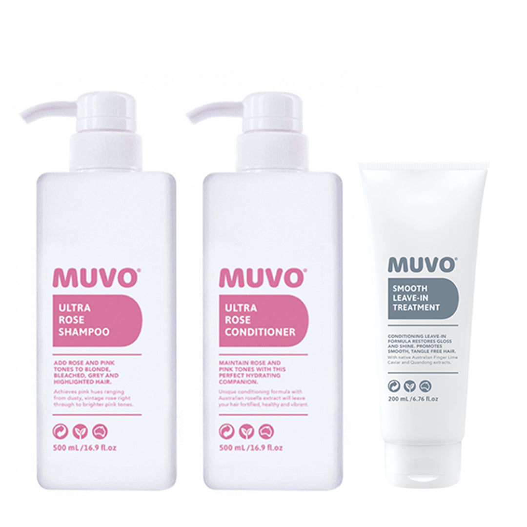 MUVO Ultra Rose Shampoo, Conditioner & Smooth Leave-In Treatment Trio