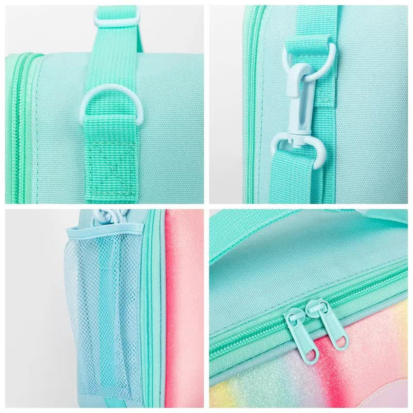 Pink Sparkling Rainbow Heart Insulated Lunch Bag for Kids