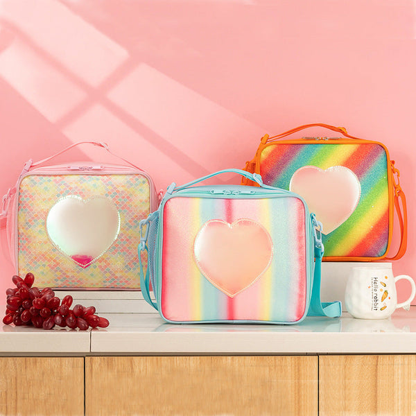 Pink Sparkling Rainbow Heart Insulated Lunch Bag for Kids