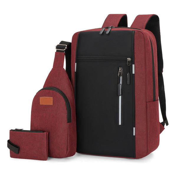 Red 3 Piece Mens Backpack Set with Sling Bag and Pouch USB