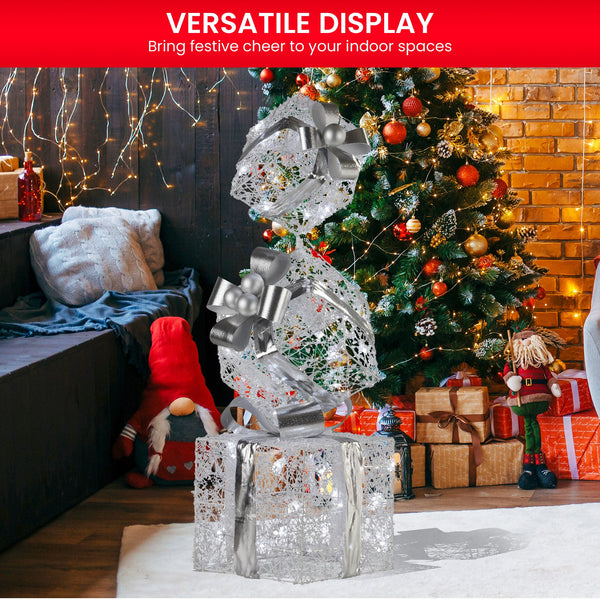 Swishmas 83cm Triple Christmas Silver Giftbox Stack Display