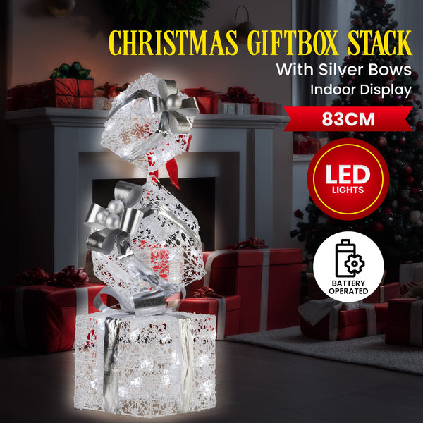 Swishmas 83cm Triple Christmas Silver Giftbox Stack Display