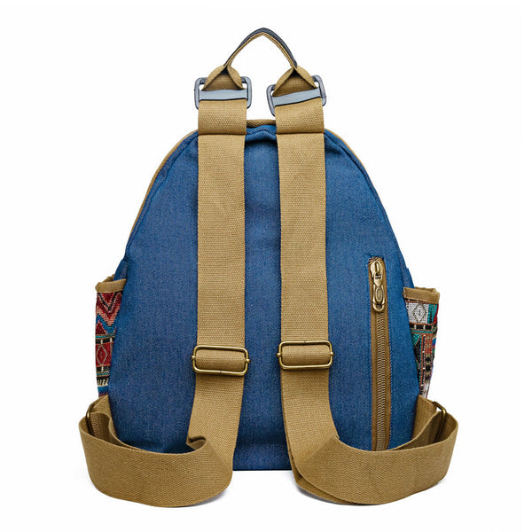 Vintage Denim Backpack with Boho Embroidery - Spacious