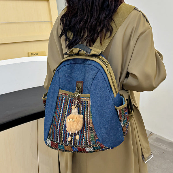 Vintage Denim Backpack with Boho Embroidery - Spacious