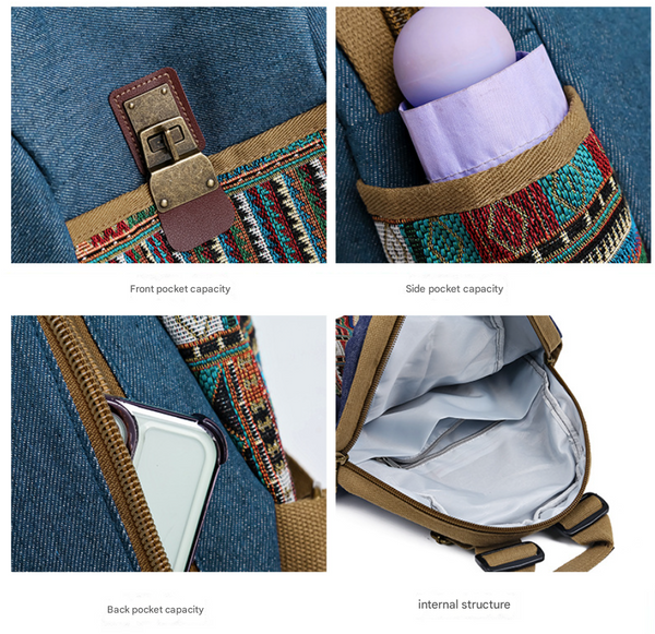 Vintage Denim Backpack with Boho Embroidery - Spacious