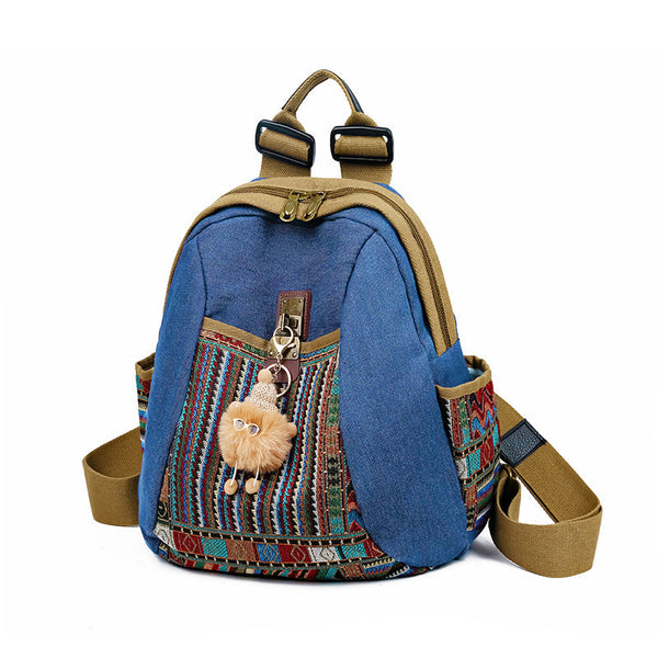 Vintage Denim Backpack with Boho Embroidery - Spacious
