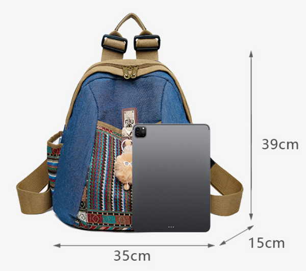 Vintage Denim Backpack with Boho Embroidery - Spacious