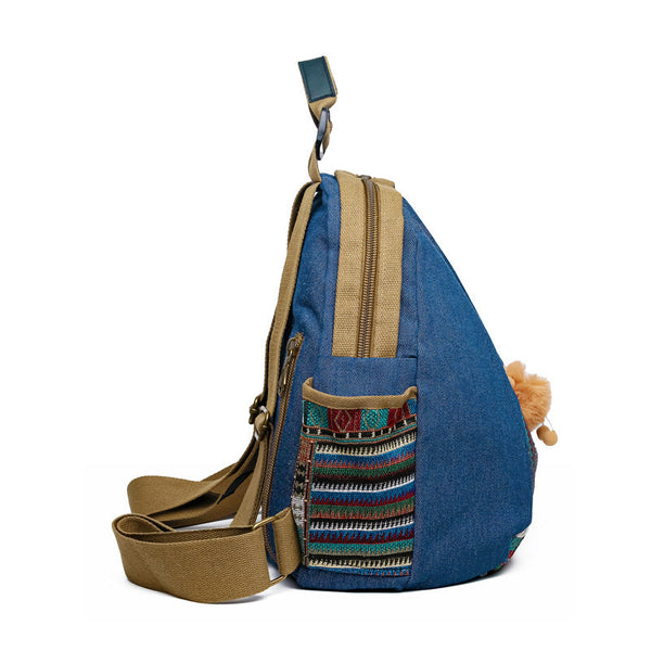 Vintage Denim Backpack with Boho Embroidery - Spacious