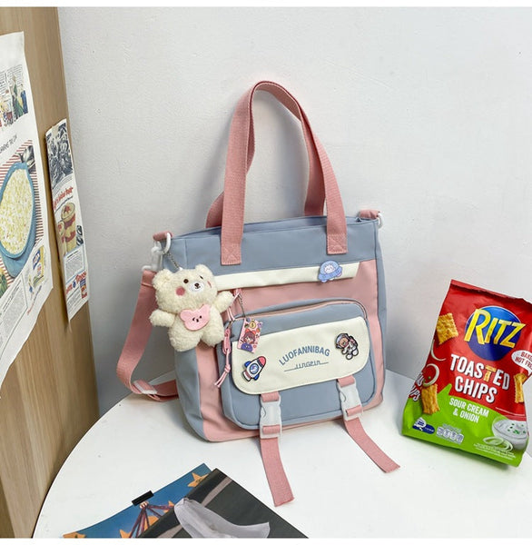 Women’s Kawaii Black Shoulder Bag with Cute Bear Plush