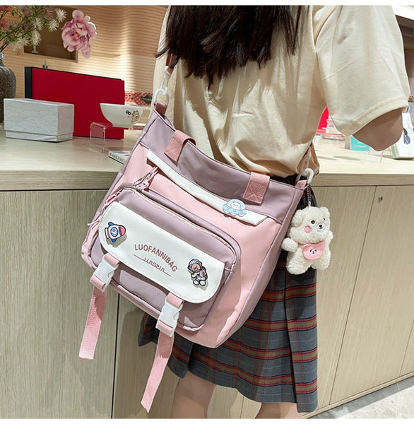 Women’s Kawaii Black Shoulder Bag with Cute Bear Plush