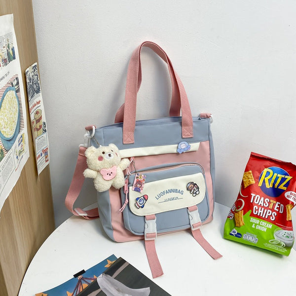 Women’s Kawaii Blue Shoulder Bag with Cute Bear Plush Charm