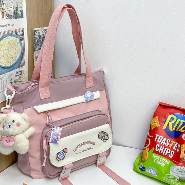 Women’s Kawaii Pink Shoulder Bag with Cute Bear Plush Charm