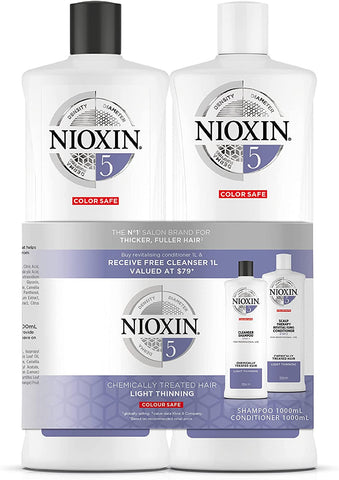 NIOXIN System 5 Duo Pack, Cleanser Shampoo + Scalp Therapy Revitalising Conditioner (1L + 1L), for Chemically Treated Hair with Light Thinning