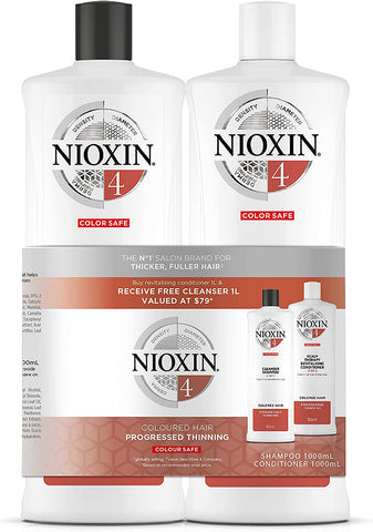 NIOXIN System 4 Duo Pack, Cleanser Shampoo + Scalp Therapy Revitalising Conditioner (1L + 1L), for Coloured Hair with Progressed Thinning