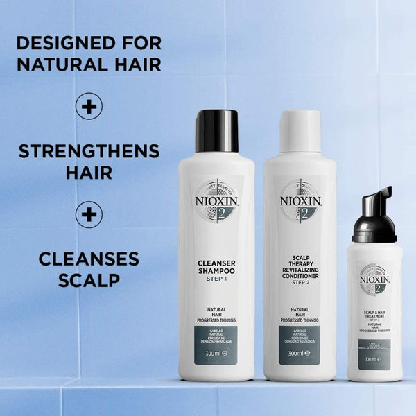 NIOXIN System 2 Trio Pack, Cleanser Shampoo + Scalp Therapy Revitalising Conditioner + Scalp and Hair Treatment (150Ml + 150Ml + 40Ml), for Natural Hair with Progressed Thinning