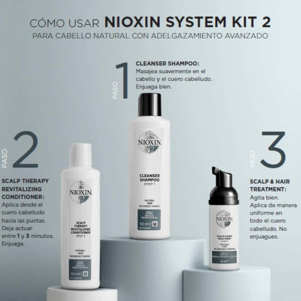 NIOXIN System 2 Trio Pack, Cleanser Shampoo + Scalp Therapy Revitalising Conditioner + Scalp and Hair Treatment (300Ml + 300Ml + 100Ml), for Natural Hair with Progressed Thinning