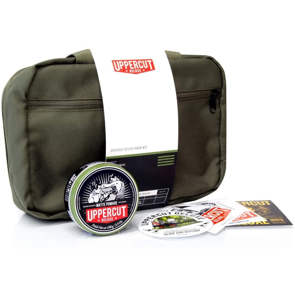 Uppercut Deluxe Field Kit Gift Set for Men - Includes Uppercut Deluxe Matte Pomade 100G, Stickers & a Stylish Wash Bag